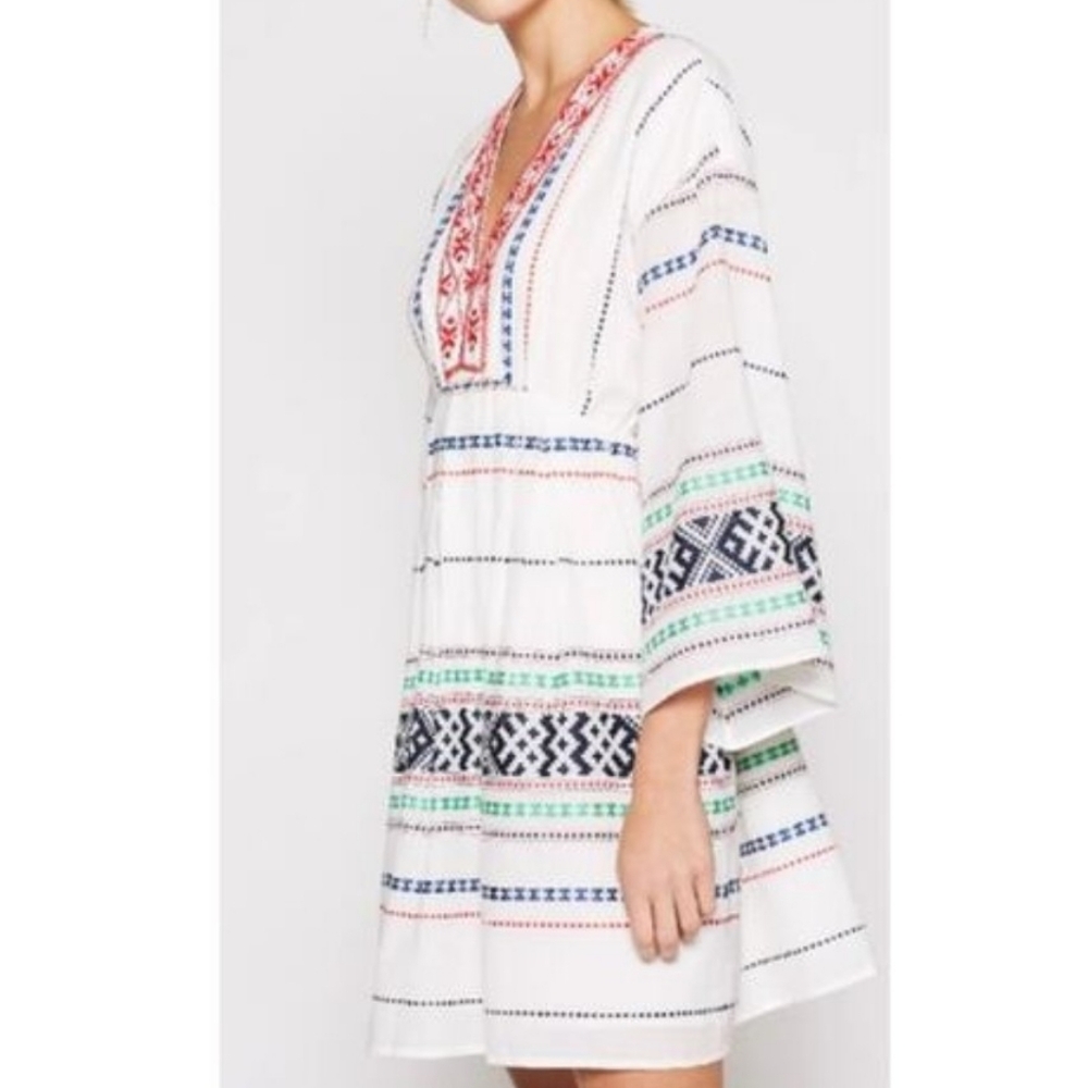 Joie White Embroidered V-Neck Boho Peasant Aztec Multicolor Knee Dress Sz S